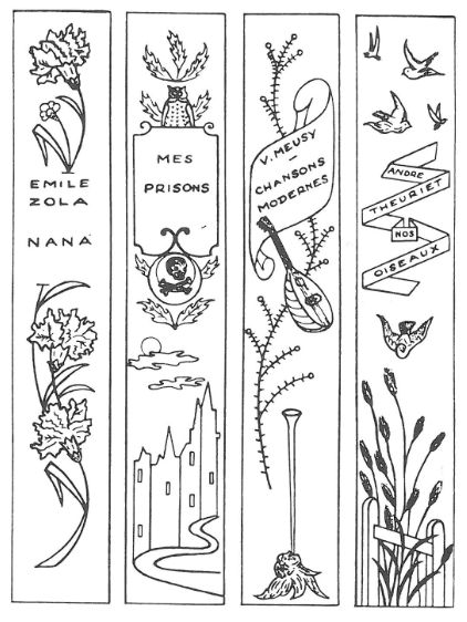 Plik:Parlante oprawy, Przykłady tłoków przeznaczonych do dekoracji grzbietów druków z kompozycjami 'mówiącymi' o treści książki, fot. wg Devauchelle 1995.jpg