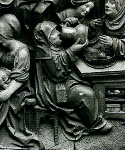 Plik:Sakwowe opr., Przykład noszenia książki w oprawie sakwowej, rzeźba niemiecka, kon. XV - pocz. XVI w..jpg