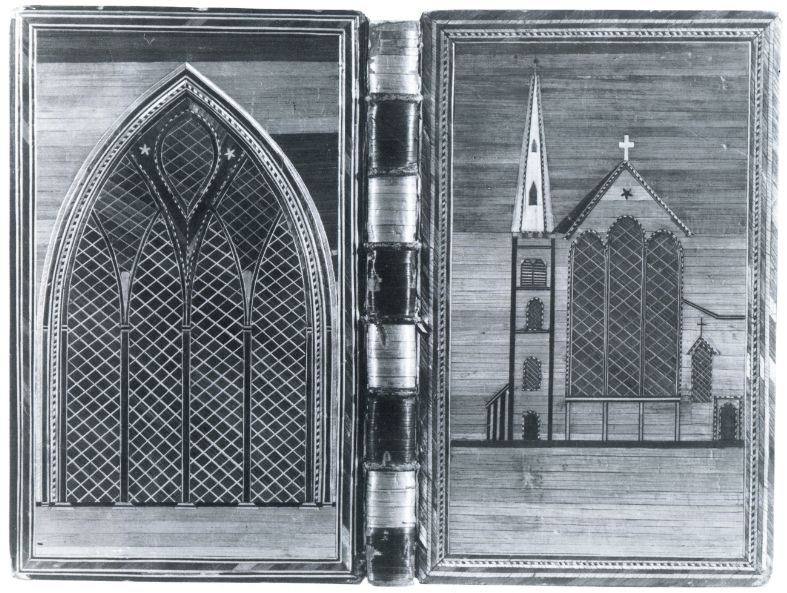 Plik:Intarsja, Oprawa z dekoracją w technice intarsji z różnobarwnych gatunków oklein, Londyn 1815, fot. wg Maggs Bros 1987, t. II, katalog aukcyjny.jpg