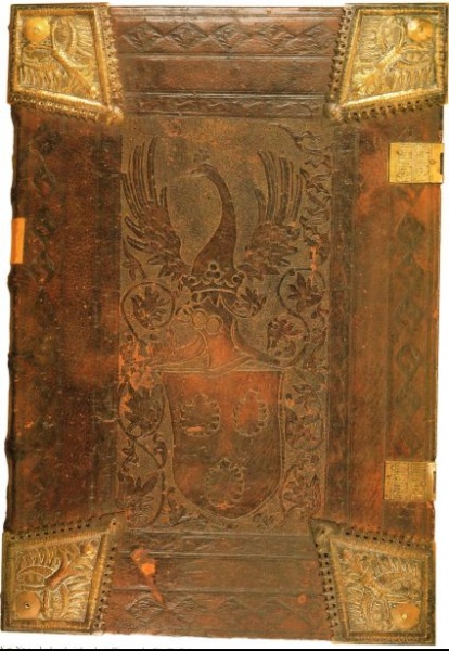 Plik:Superekslibris, Superekslibris herbowy na oprawie nacinanej, Niemcy, l. 70. XV w., repr. wg Wertvolle Handschriften, Wiesbaden 1987.jpg