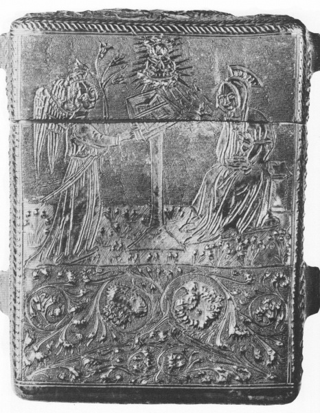 Plik:Maryja, Futerał na książkę ze sceną Żwiastowania wyk. w technice nacinanej, płn. Włochy, 4 ćw. XV w., fot. wg Mazal 1990.jpg