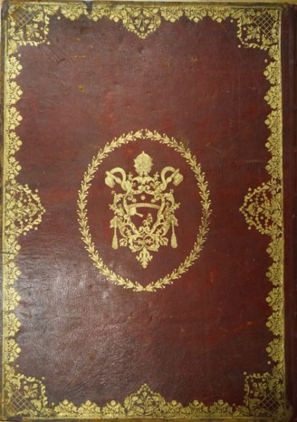 Plik:Rokokowe oprawy, Oprawa rokokowa - koronkowa z superekslibrisem papieża Piusa VI, po 1775 r., Biblioteka Raczyńskich, Poznań, fot. A. Wagner.jpg