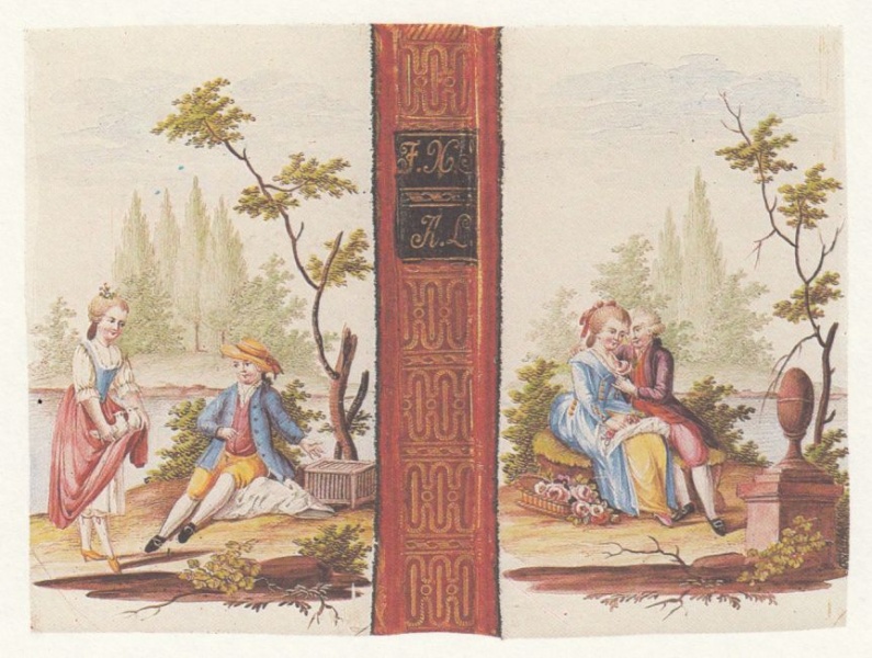 Plik:Almanachów oprawy, Oprawa almanachu o miedzianych okładzinach z dekoracją malowaną i emaliowaną, Wiedeń, 1788, fot. wg von Arnim 1990.jpg