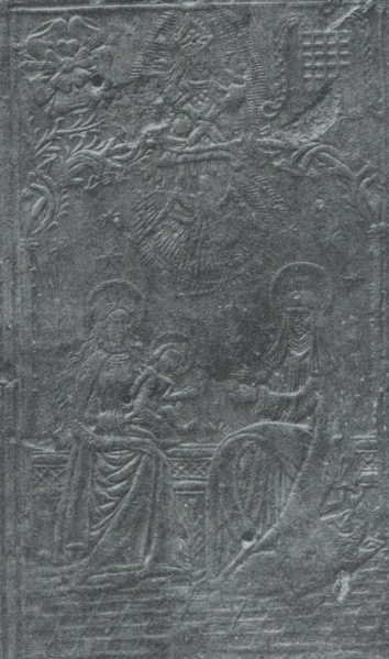 Plik:Maryja, Święta Anna Samotrzeć na plakiecie angielskiej, pocz. XVI w.,wg Goldschmidt 1967, t. 2.jpg