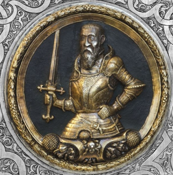 Plik:Portret medalionowy Albrechta Pruskiego na oprawie ze Srebrnej Biblioteki w Królewcu, po poł. XVI w., fot. wg Tondel, Wagner 2019.jpg