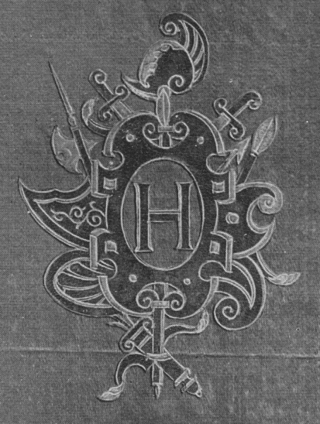 Plik:Panoplia, Dublura oprawy z panopliami i monogramem króla Francji Henyka II w kartuszu, wg Hobson 1926.jpg