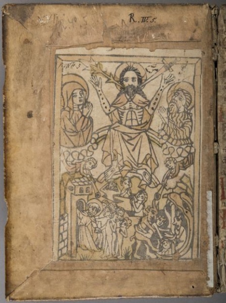 Plik:Grafika w introl., Drzeworytnicza rycina dewocyjna wklejona na wewnętrzną stronę oprawy kodeksu, XV w., Książnica Kopernikańska, Toruń, fot. T. Dorawa.jpg