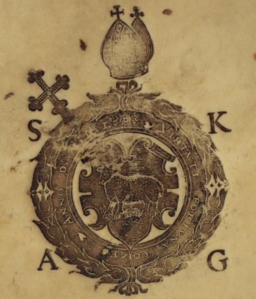 Plik:Insygnia kościelne, Superekslibris sbpa Stanisława Karnkowskiego z motywami insygniów, infułą i krzyżem biskupim, wyciśniętymi z osobnych tłoków, XVI-.jpg