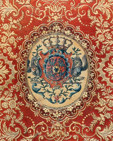 Plik:Malowane oprawy, Herb Stan. Leszcz mal. na welinie pod osłoną z miki na opr. P-P Dubuissona, Paryż 1751, Bm, Nancy, fot. wg Jurkowlaniec 2005.tif.jpg