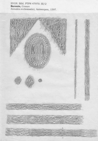 Plik:Przerysy opraw, Przykład arkusza z zebranymi przerysami dekoracji jednej oprawy przezn. do Bazy Opraw PTPN, przerysy aut. A. Wagner.jpg