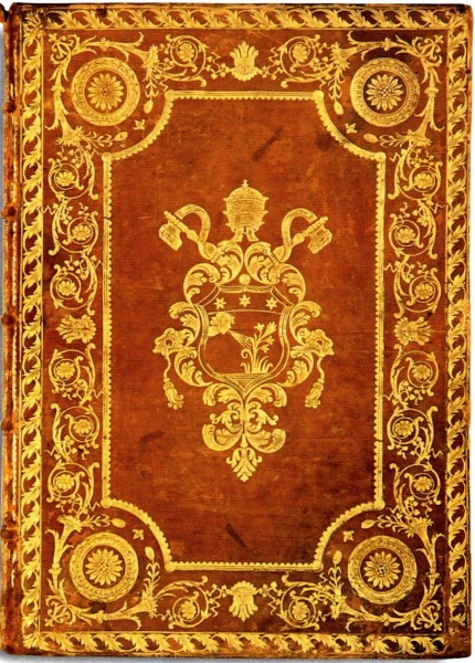 Plik:Klasycystyczne oprawy, Oprawa klasycystyczna z superekslibrisem papieża Piusa Vi, Wenecja, przed 1799, fot wg Bologna 1998.jpg