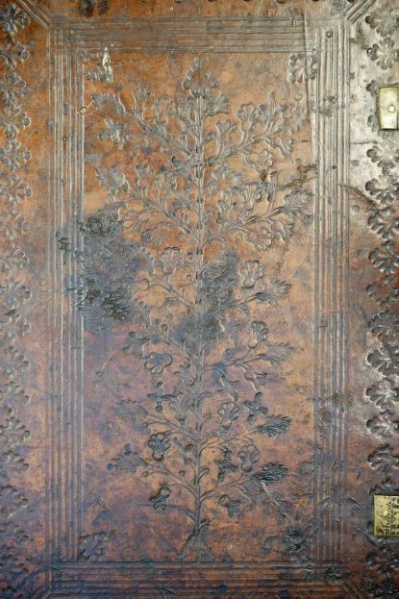 Plik:Gałęziowy ornament, Specyficzna forma ornamentu gałęziowego w zwierciadle oprawy krakowskiej z ok. 1500, Bracz, Poznań, fot. A. Wagner.jpg