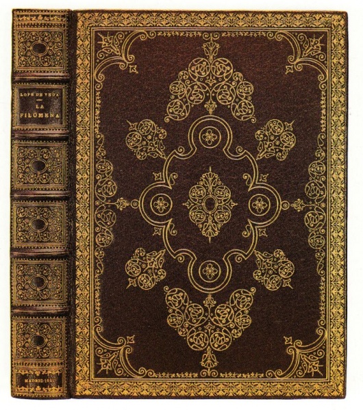 Plik:Historyzujące oprawy, Oprawa historyzująca w typie barokowych opraw z dekoracją pointillé, Hiszpania, Emilio Brugalla, 1943, fot. wg Fernández 1994.jpg