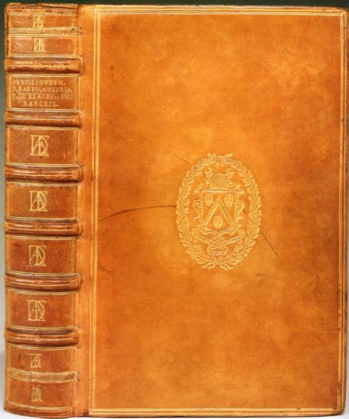 Plik:Supereksl. herbowy i grzbietowy monogr., Jacques.Auguste de Thou, kon. XVI w., Sothebys New York, November 1 1995.jpg