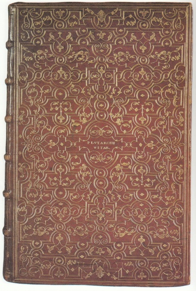 Plik:Grolierowskie oprawy, Oprawa a la fanfare dla Jeana Groliera, Paryż, między 1558 a 1565, ONB, Wiedeń, fot. wg Mazal 1990.jpg