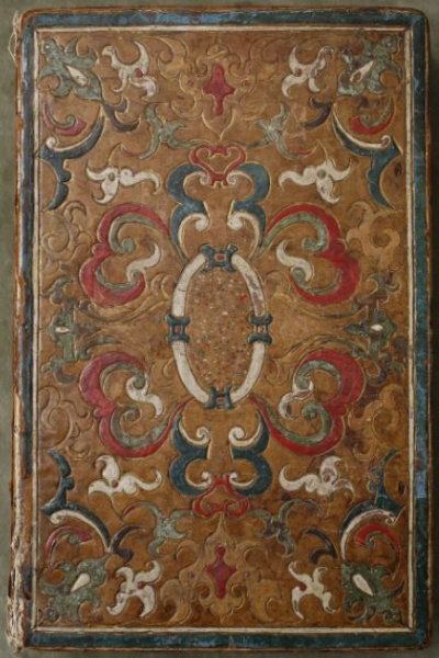 Plik:Manierystyczne oprawy, Oprawa mozaikowa, złocona i malowana, Francja, prawd. Lyon, poł. XVI w., BUMK, fot. P. Kurek.jpg