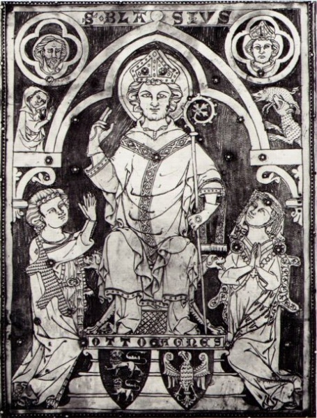 Plik:Superekslibris, Oprawa złotnicza księgi liturgicznej z wizerunkami i herbami jej fundatorów, Niemcy, XIV w., repr. wg Fritz 1982.jpg