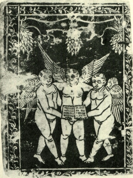 Plik:Grafika w introl. Okładka z dekoracją drzeworytniczą, Ferrara, ok. 1490, wg Goldschmidt 1964, t. 2.jpg