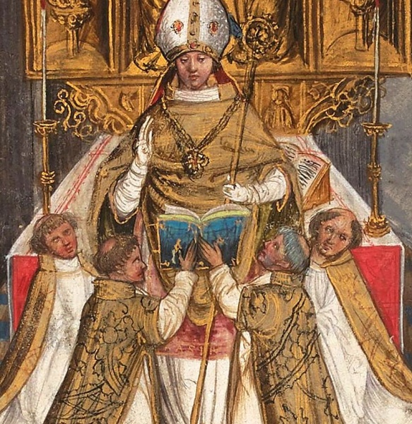 Plik:Ikonografia opraw, Biskup podczas nabożeństwa, Pontyf. Erazma Ciołka, Kraków 1506.1518, B Czart MNK POLONA.jpg