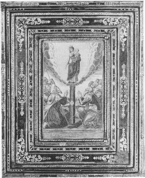 Plik:Ramowa kompozycja, Obraz w drewnianej ramie pokrytej skórą i bogato zdobionej, Hiszpania, 2 poł. XVII w., fot. wg Mühlbächer 1988.jpg