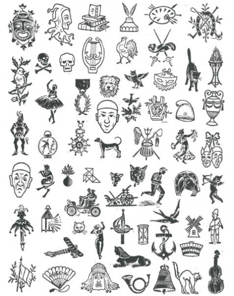 Plik:Parlante oprawy, Przykłady tłoków z motywami 'mówiącymi', przeznaczone do opraw parlante, Francja, kon. XIX w., rys. wg Devauchelle 1995.jpg