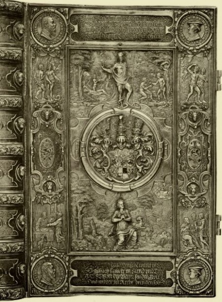 Plik:Niellowana dekoracja, Częściowo niellowana i emaliowana dekoracja na złotniczej oprawie manierystycznej, Conelius Vorwend, Królewiec, 1555 zaginiona, wg Meisterwerke Heraldik.jpg