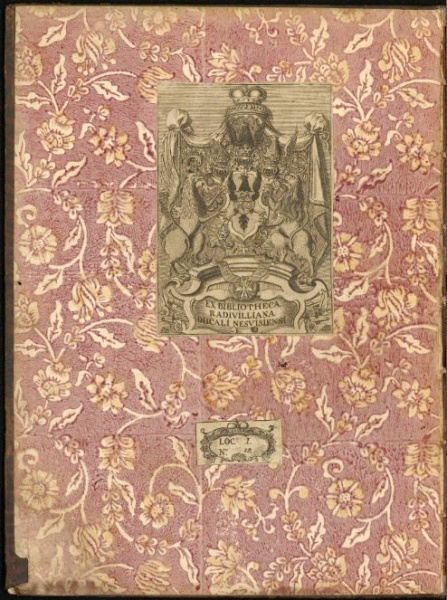 Plik:Ekslibris, Ekslibris Biblioteki Radziwiłłów w Nieświeżu na wyklejce z papieru ozdobnego, oprawa prawd. niemiecka, ok. 1700, AGAD, POLONA2.jpg