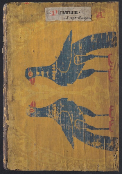 Plik:Tekstylne oprawy, opr. ewangeliarza z klasztoru w Fuldzie, tkanina jedwabna z motywami ptaków, X w., fot. wg Ganz 2015.jpg