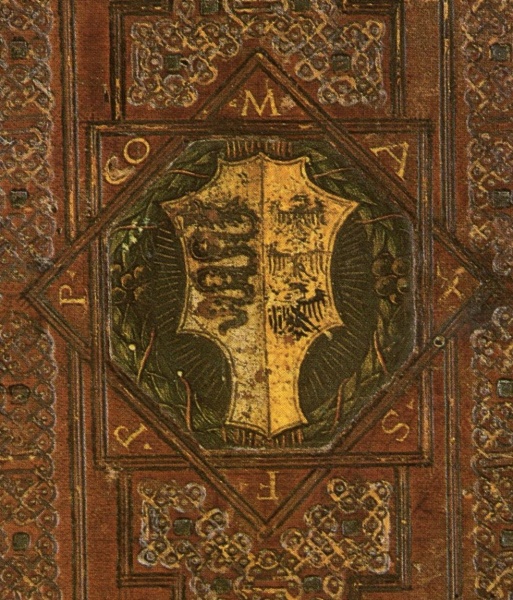 Plik:Tarcza herbowa, Tarcza renesansowa testa di cavallo Maksymiliana Sforzy na oprawie włoskiej, pocz. XVI w., fot. wg Bologna 1998.jpg